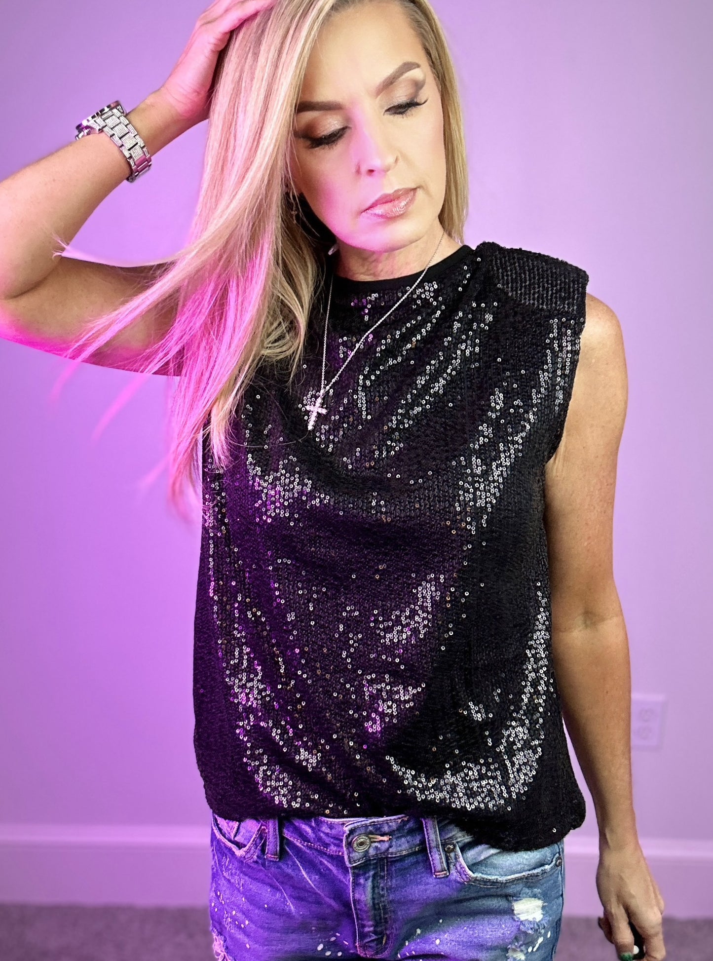 Black Sequin Sleeveless Top