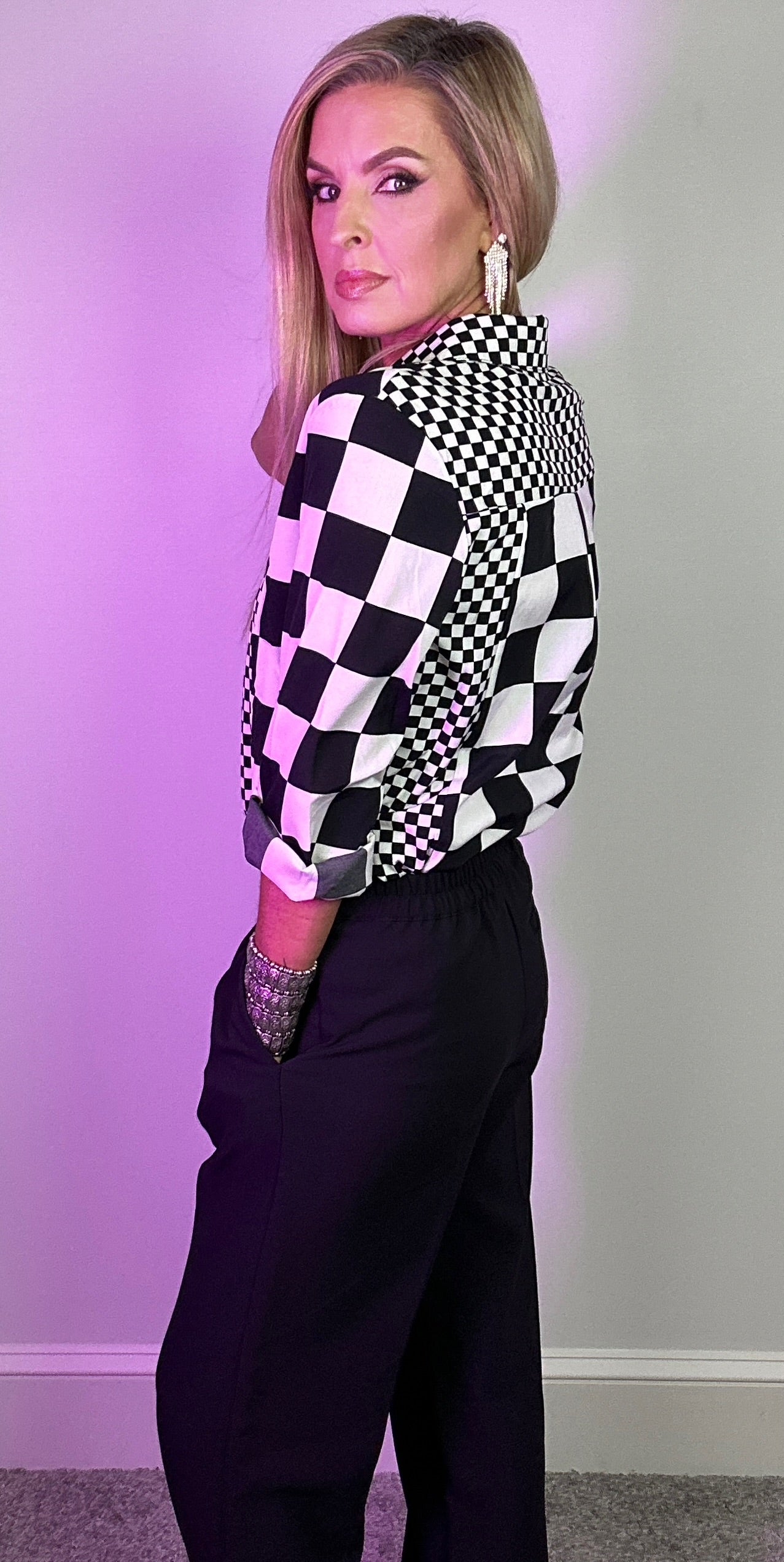 Checkered Print Long Sleeve Top