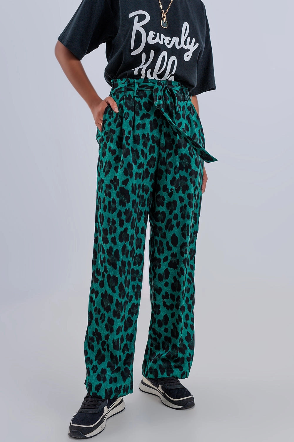 Green Wide Leg Leopard Pant