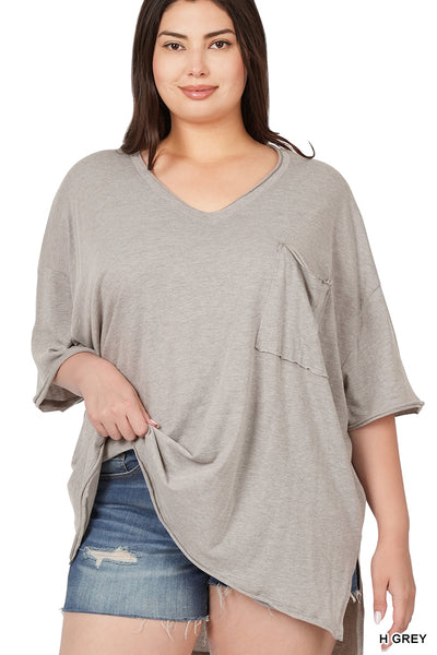 Oversized Raw Edge V Neck Tee