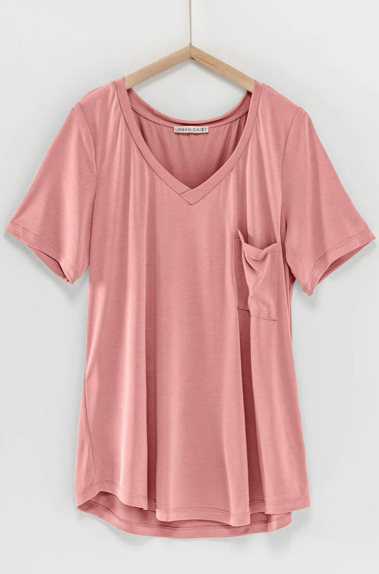 Solid V Neck Basic Pocket Tee