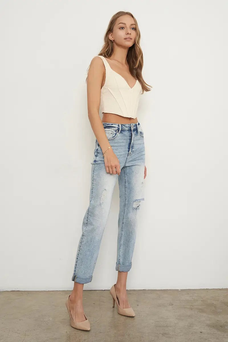 High Rise Distressed Girlfriend Jeans