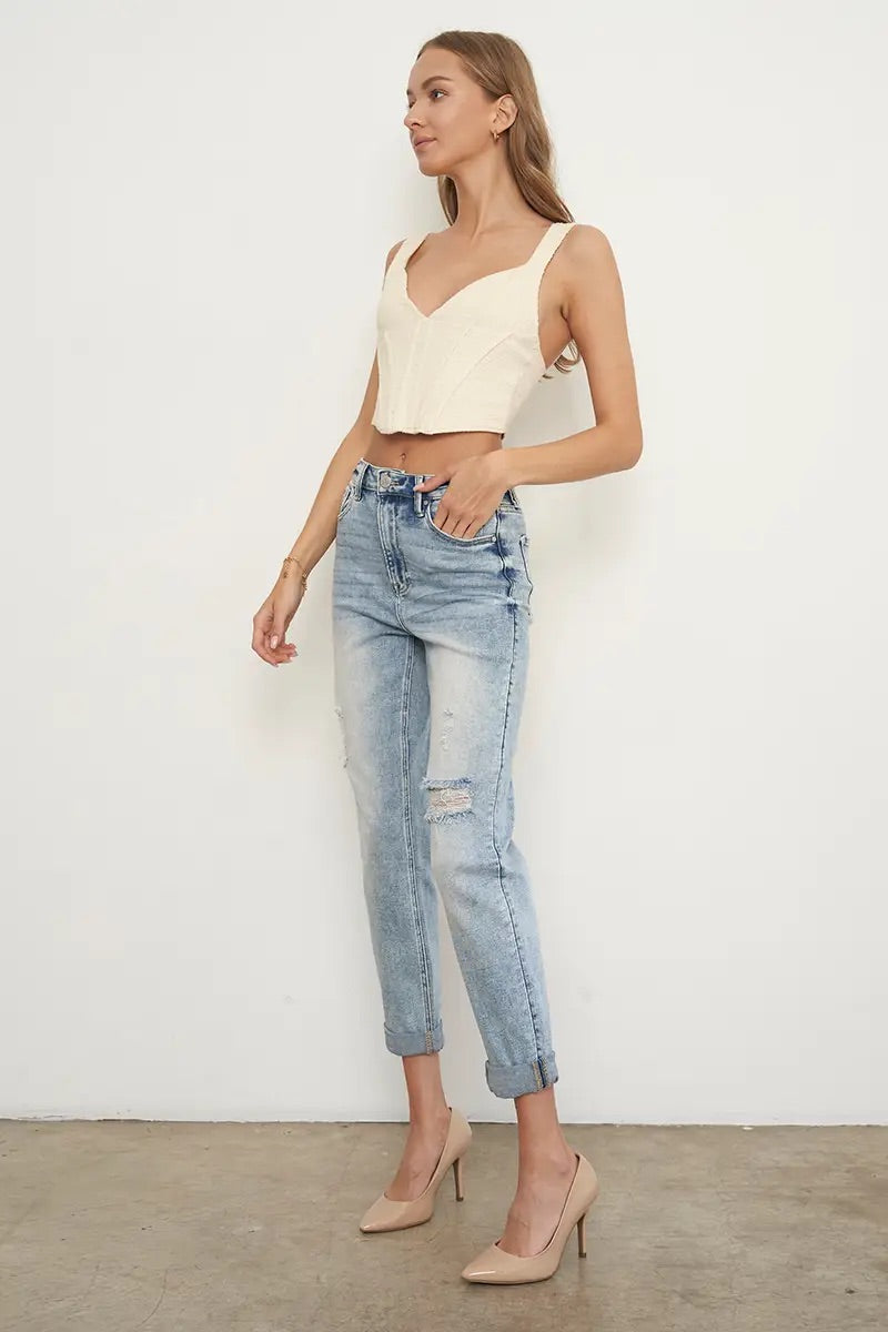 High Rise Distressed Girlfriend Jeans