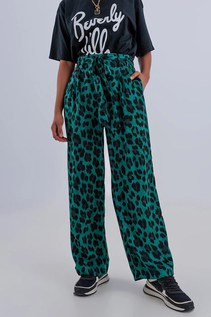 Green Wide Leg Leopard Pant
