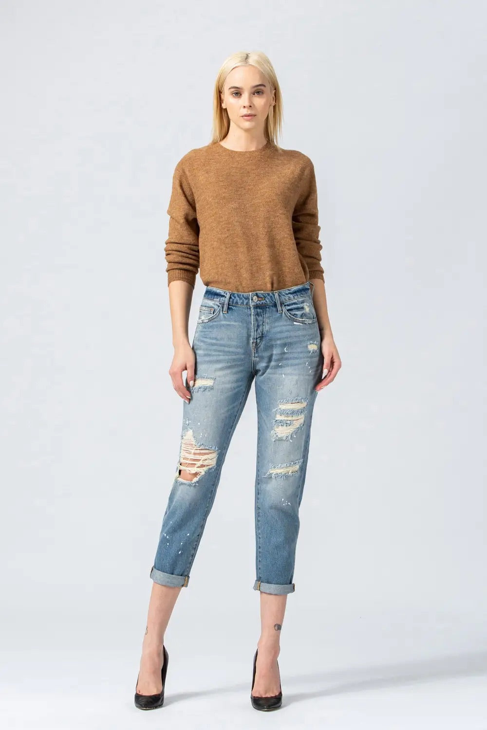 Distressed Boyfriend Splatter Paint Jeans