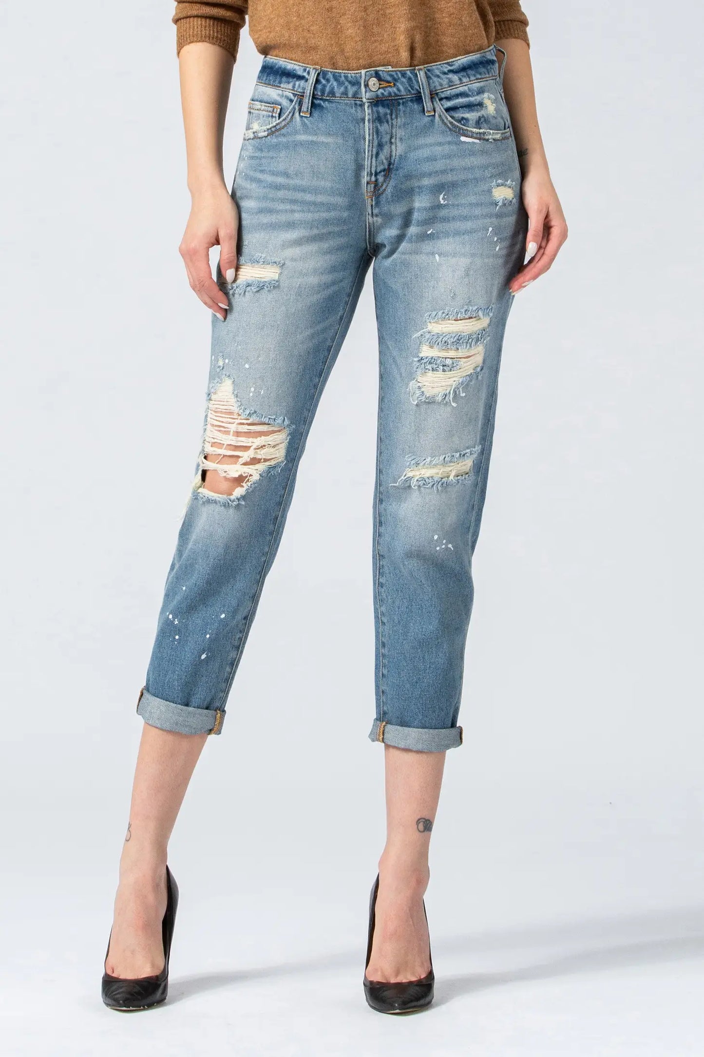 Distressed Boyfriend Splatter Paint Jeans