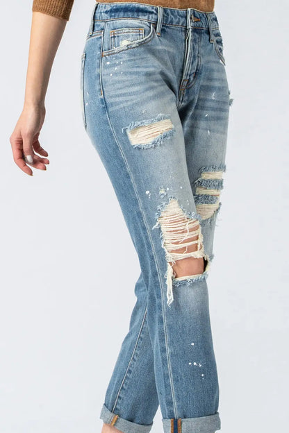 Distressed Boyfriend Splatter Paint Jeans