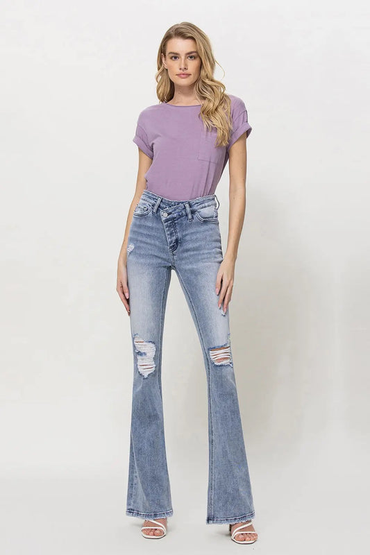 High Rise Criss Cross Flare Jeans