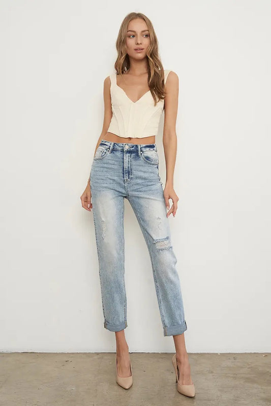 High Rise Distressed Girlfriend Jeans